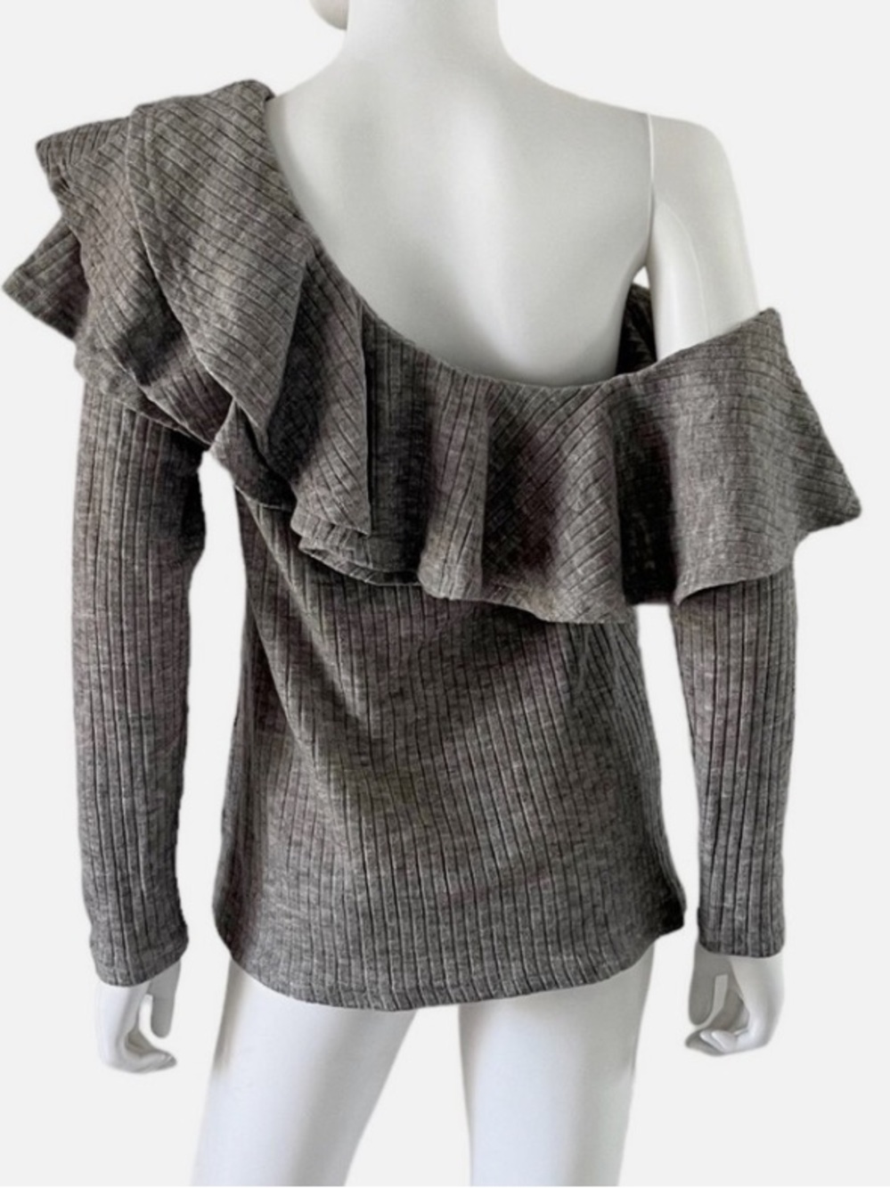 Ribbed Knit Off-Shoulder Ruffle Sweater - Picture 3 of 10